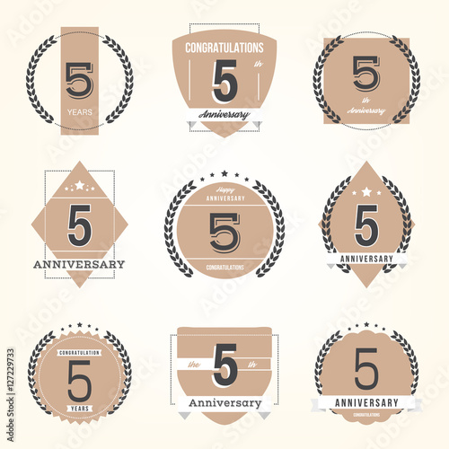 Five years anniversary celebration logotype. 5th anniversary logo set.