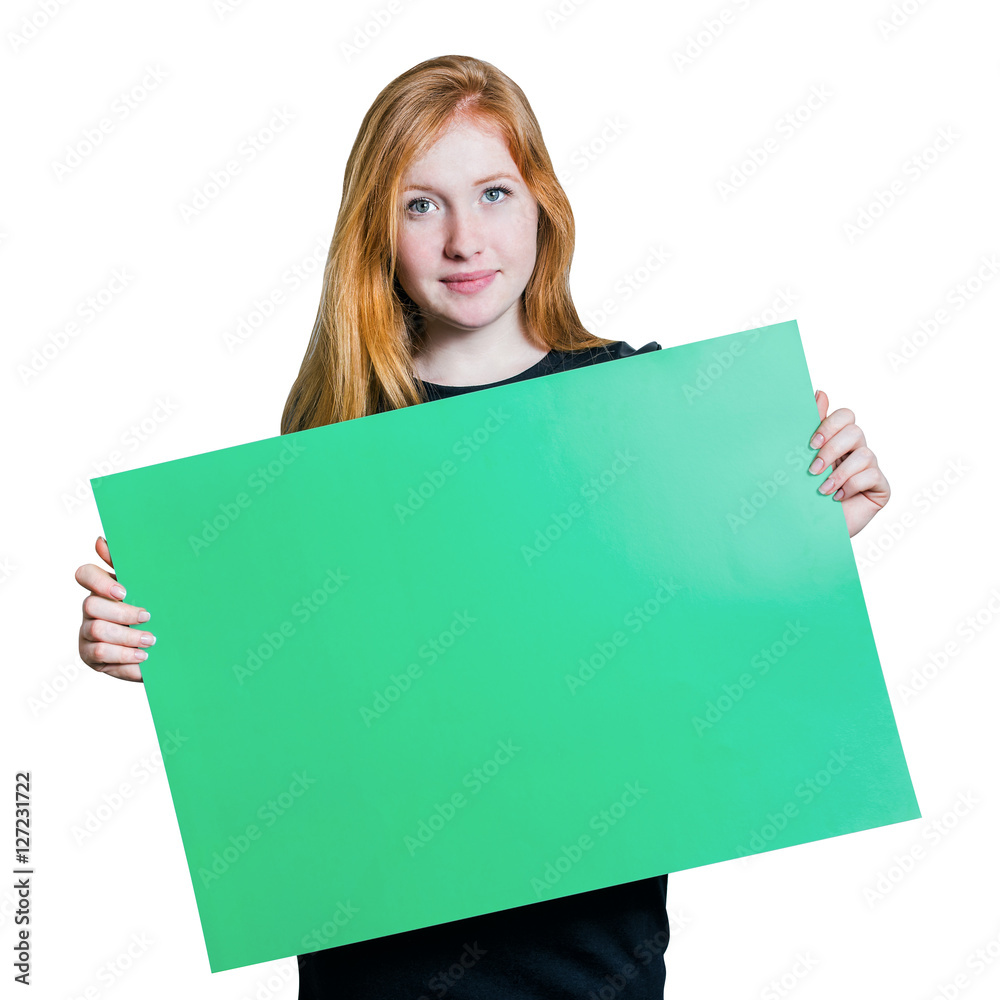 Smiling woman leaning on big blank board Smiling woman leaning on big blank board