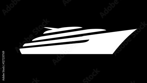 White silhouette of a sports and a lot of expensive motor deck yacht floating on the waves in the sea or ocean. Vector yacht icon