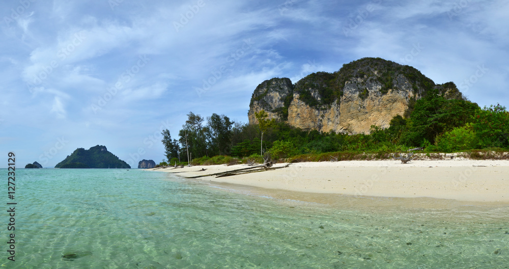 Panorama of a tropical island with white sand beach. Andaman Sea, Thailand, Krabi Province, Poda Island.
