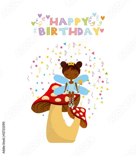 happy birthday card with cute fairy girl icon over white background. colorful design. vector illustration © Gstudio