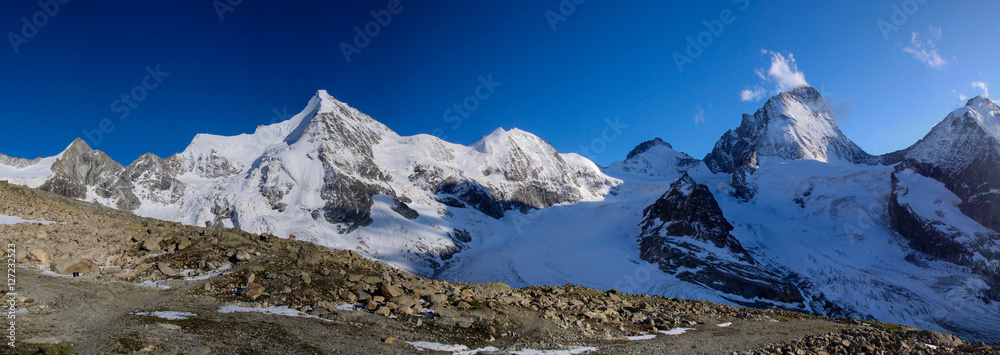 a view of the Swiss Alps from the Obergabelhorn to the Dent Blanche in the Valais near Zermatt