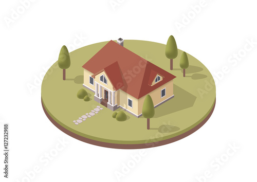 Yellow isometric house with red roof