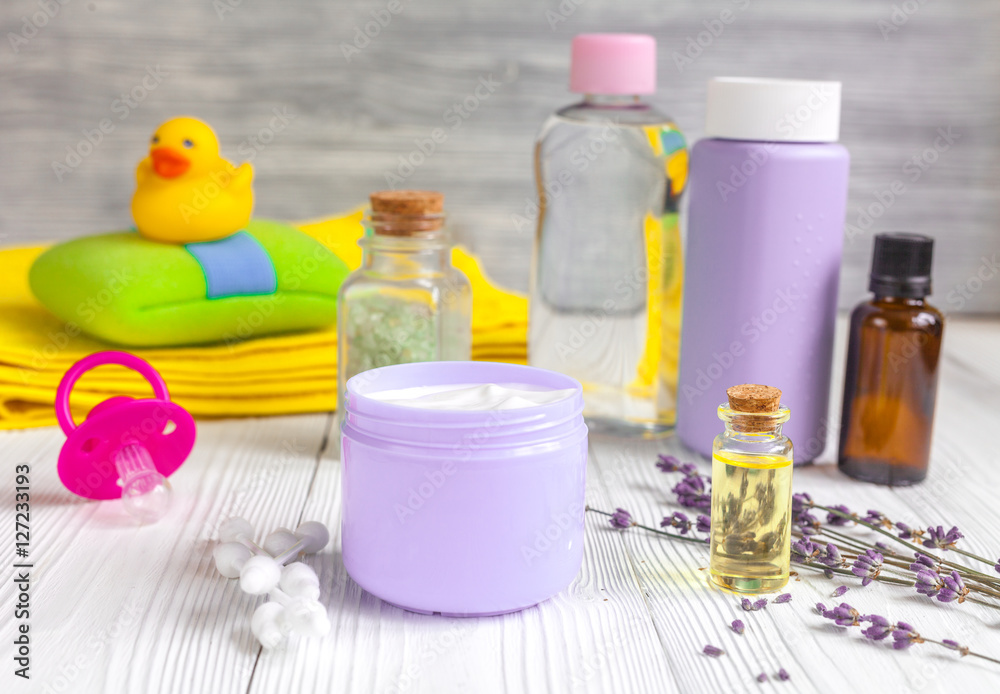 set baby care for bathroom on wooden background set baby care for bathroom on wooden background