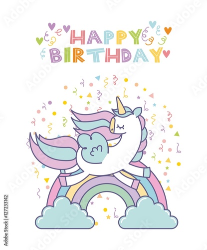 happy birthday card with cute unicorn icon over white background. colorful design. vector illustration