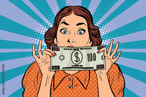 Surprised beautiful retro woman, banknote hundred dollars