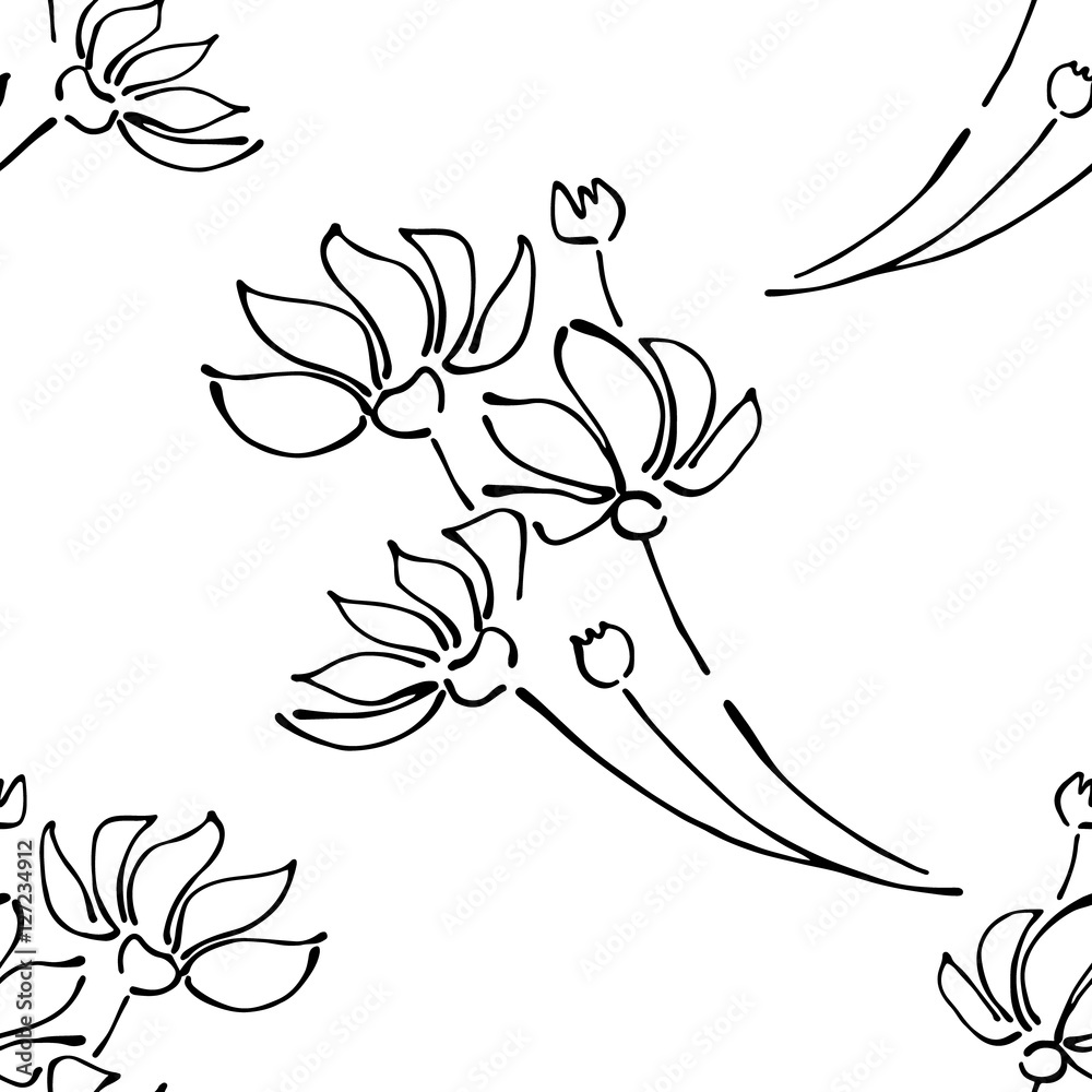 Naklejka premium Seamless vector hand drawn seamless floral pattern. Background with flowers, leaves. Decorative graphic vector drawn illustration. Line drawing