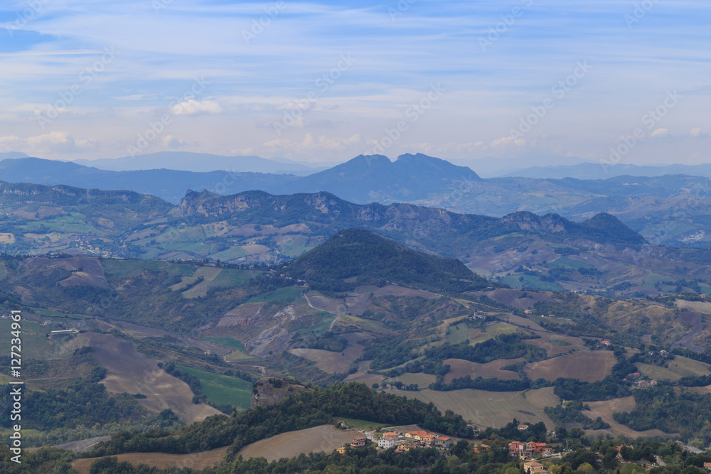Fototapeta premium The view from the observation platform in San Marino, hills and fields