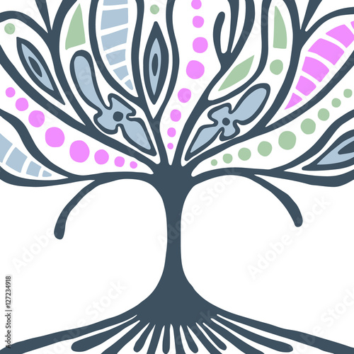 Vector hand drawn illustration, decorative ornamental stylized tree. Abstract graphic illustration isolated on the white background. Artistic drawing silhouette. Decorative  ornamental wood