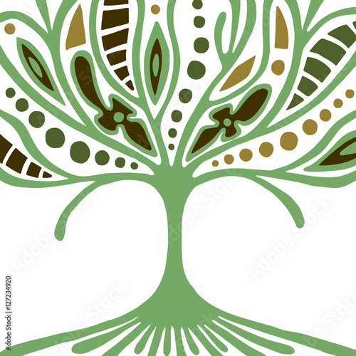 Vector hand drawn illustration, decorative ornamental stylized tree. Abstract graphic illustration isolated on the white background. Artistic drawing silhouette. Decorative  ornamental wood