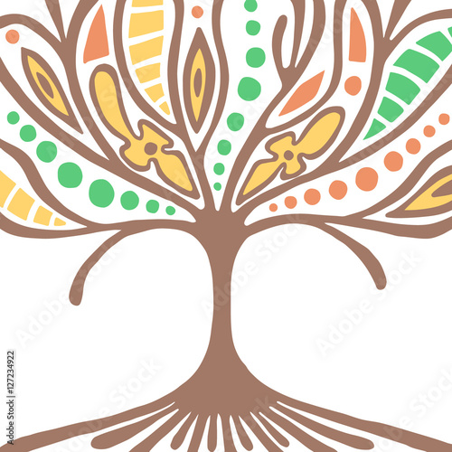 Vector hand drawn illustration, decorative ornamental stylized tree. Abstract graphic illustration isolated on the white background. Artistic drawing silhouette. Decorative  ornamental wood