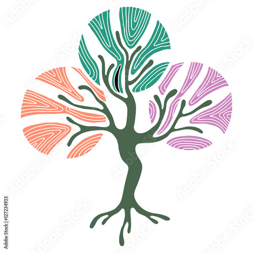 Vector hand drawn illustration, decorative ornamental stylized tree. Abstract graphic illustration isolated on the white background. Artistic drawing silhouette. Decorative  ornamental wood