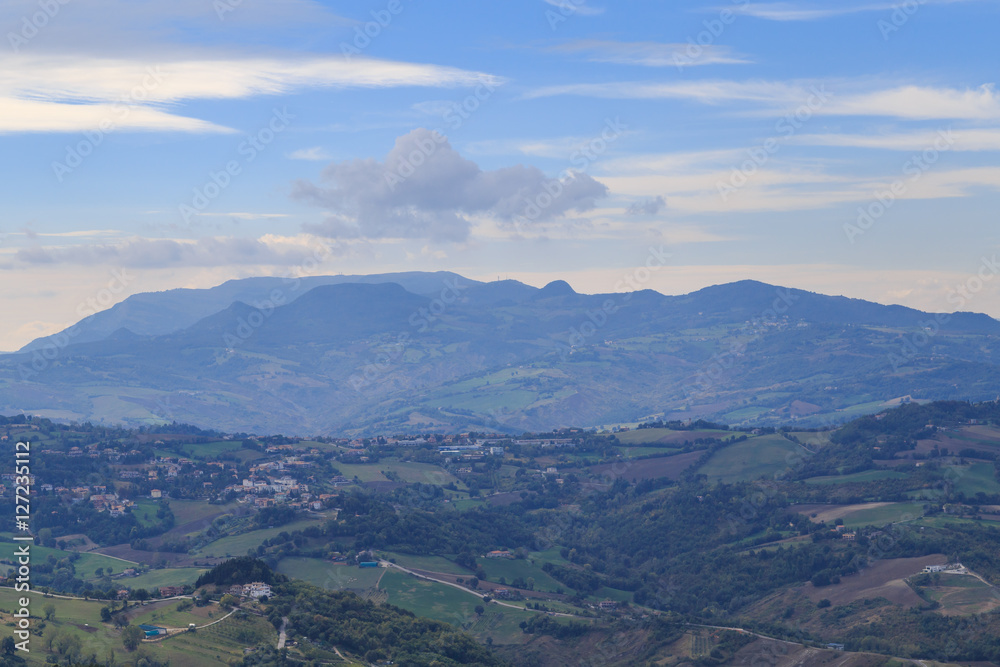 The view from the observation platform in San Marino, the mountain and the cloud