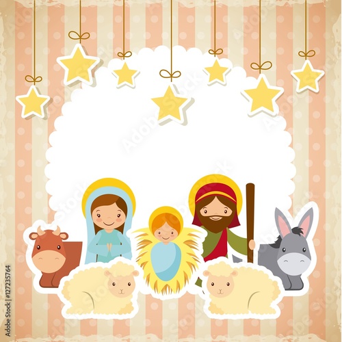 holy family manger scene with animals and decorative stars hanging. merry christmas colorful design. vector illustration