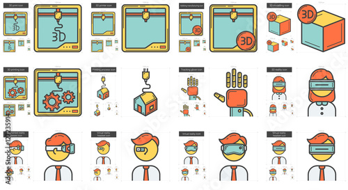 Virtual reality and 3D technology line icon set.