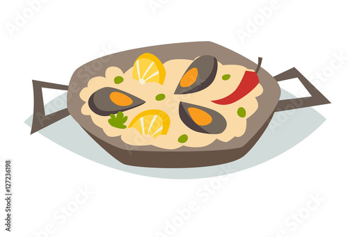 Paella with seafood vector illustration. Traditional spanish food. Spanish cuisine. Paella with mussels, lemon, red pepper and green peas. Isolated on white background, cartoon style.