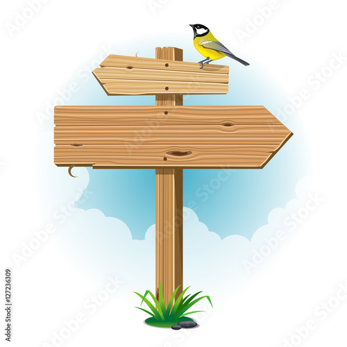 Wooden signs with leaf and bird. Vector illustration.