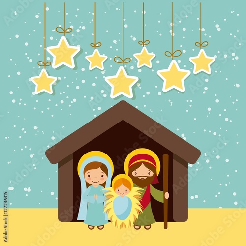 holy family manger scene and decorative stars hanging. merry christmas colorful design. vector illustration