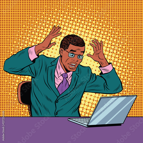 Businessman in panic, reading notebook