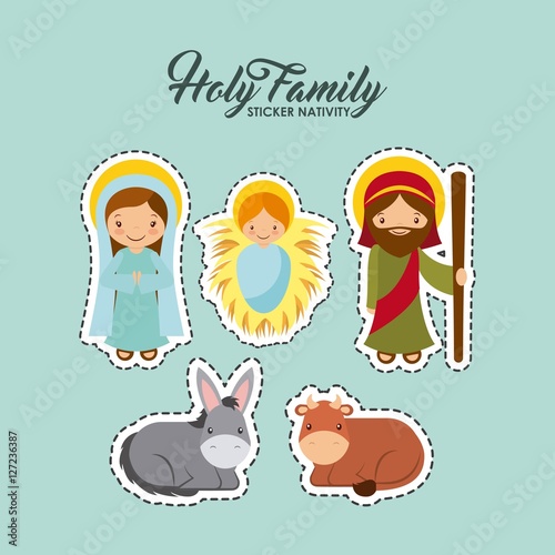 sticker nativity of holy family manger scene. merry christmas colorful design. vector illustration