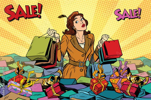Woman with shopping in a sea of sales