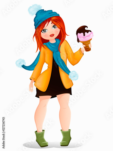 beautiful girl in a short dress and coat, knitted cap, scarf, autumn, winter, sweet ice cream in hand, vector illustration