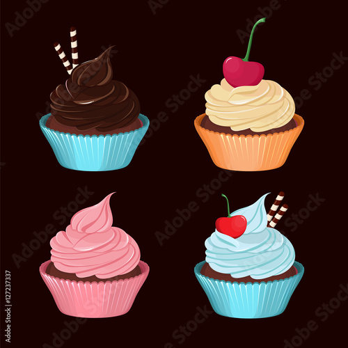 Cupcakes. Set of vector tasty cupcakes with cream.