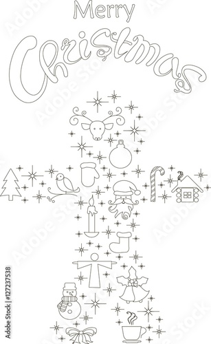 Typography banner with stylized black gingerbread and hand drawing lettering Merry Christmas on white, stock vector illustration