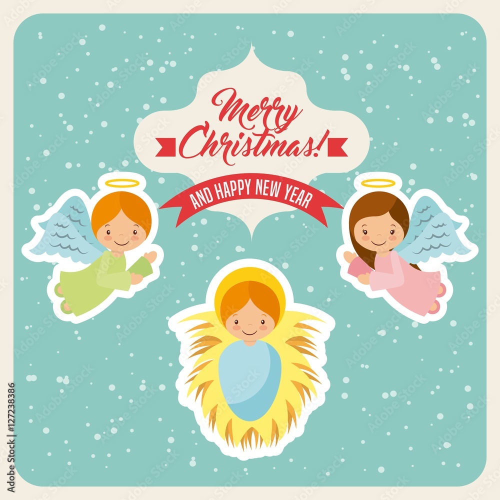 cartoon cute angels and baby jesus icon. card of merry christmas and happy new year design. vector illustration