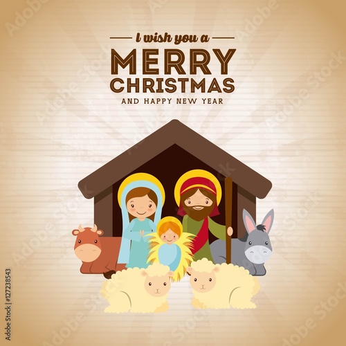 holy family manger scene. merry christmas and happy new year card colorful design. vector illustration