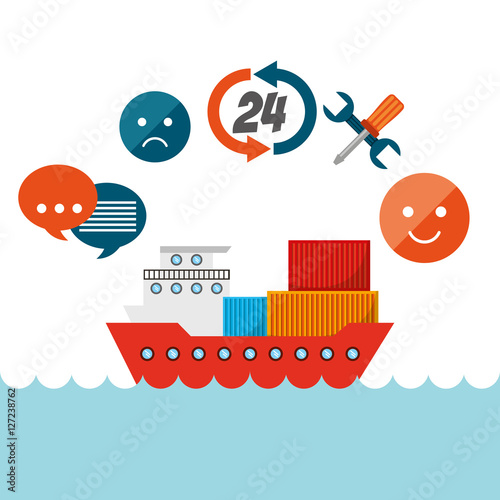 cargo ship with logistic service icons around. export and import colorful design. vector illustration