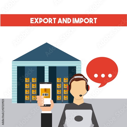 logistic support worker and warehouse with carton boxes. export and import colorful design. vector illustration