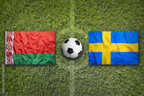 Belarus vs. Sweden flags on soccer field