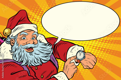 Santa Claus shows on the clock, New year and Christmas