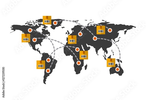 world map with carton boxes and arrows connection. export and import colorful design. vector illustration