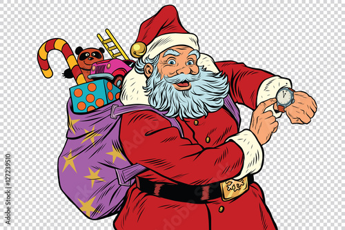 Santa Claus shows on the clock, New year and Christmas