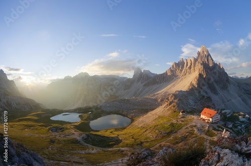Panoramic view of Tre Cime at sunrise