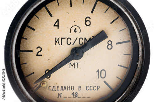 Air pressure gauge, old vintage soviet(Made in USSR), pressure gauge. Industry background.