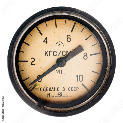 Air pressure gauge, old vintage soviet(Made in USSR), pressure gauge. Industry background.