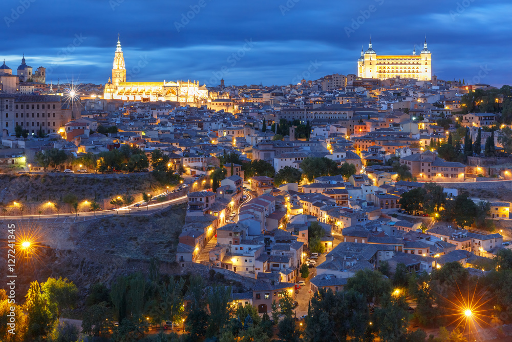 Old city of Toledo with Cathedral and Alcazar at night, Castilla La Mancha, Spain
