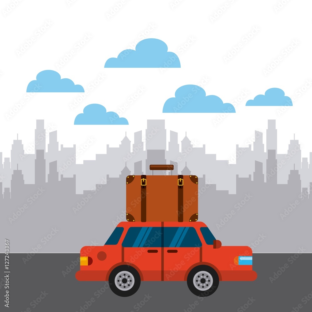 brown suitcase on red car over city background. colorful design. vector illustration