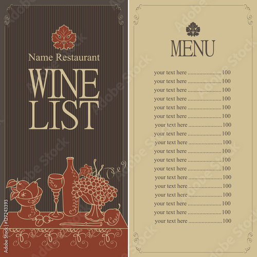 wine menu list with a still life with a glass of wine and a bowl of grapes