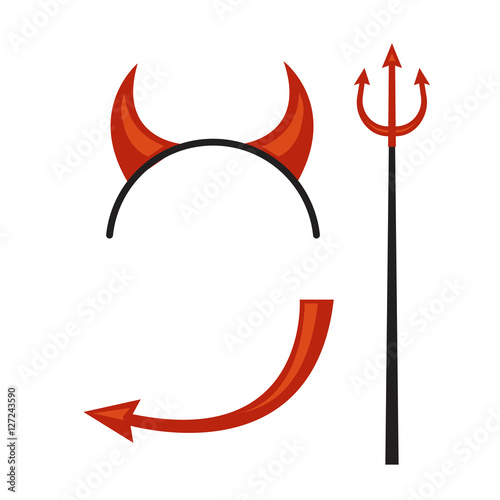 Devils horns head gear with trident and tail.