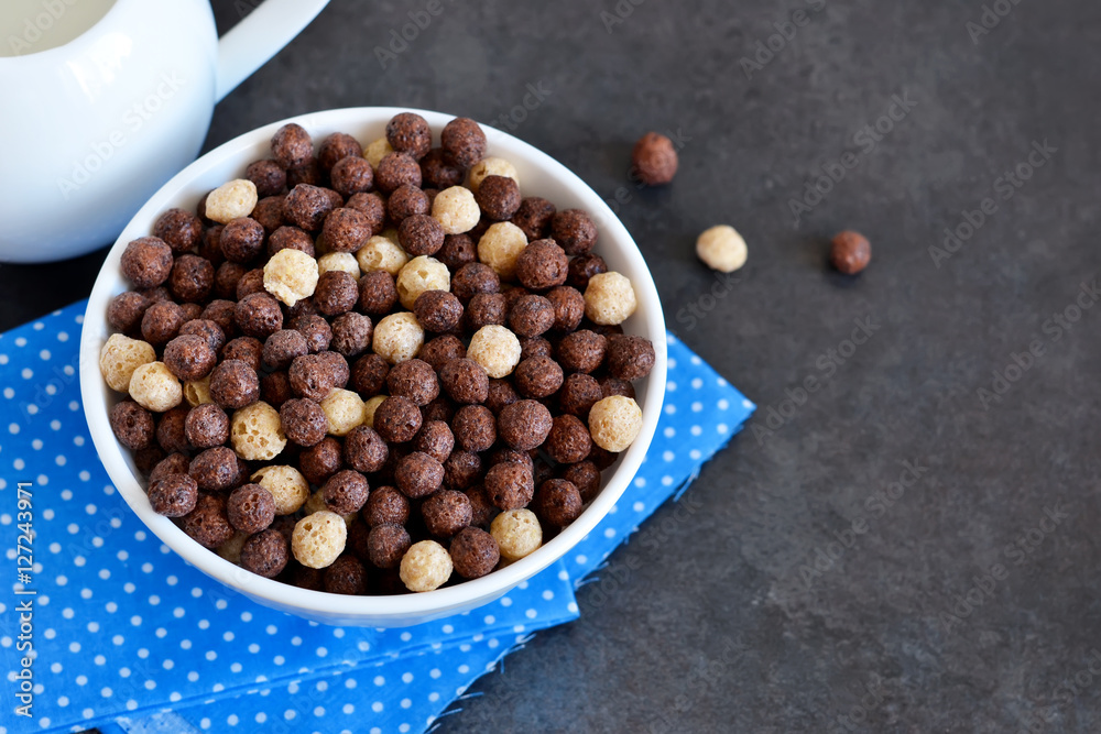 Healthy breakfast. Chocolate breakfast cereal with milk Healthy breakfast. Chocolate breakfast cereal with milk