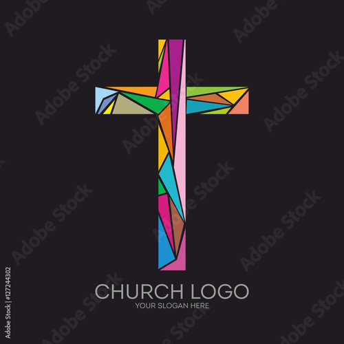 Church logo. Christian symbols. The Cross of Jesus Christ composed of colored elements.