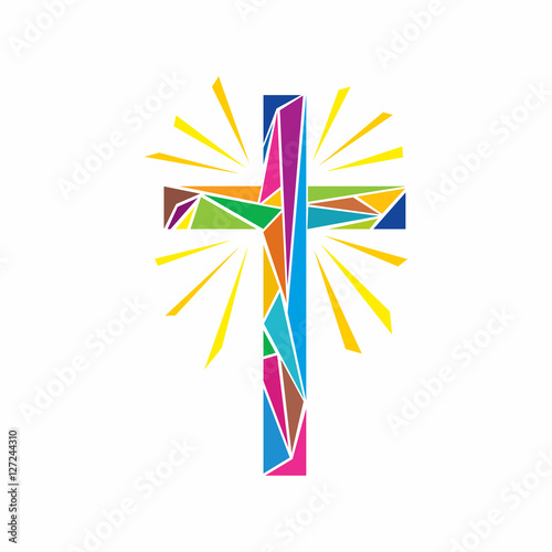 Church logo. Christian symbols. The Cross of Jesus Christ made up of multi-colored elements, shine rays.