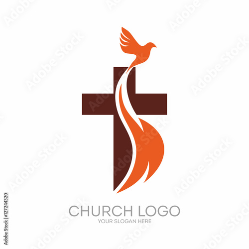 Church logo. Christian symbols. The Cross of Jesus, the fire of the Holy Spirit and the dove.