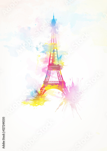 Eiffel Tower watercolor background pink version illustration