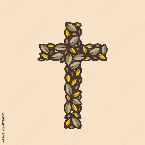 The cross of Jesus Christ, made up of decorative leaves.