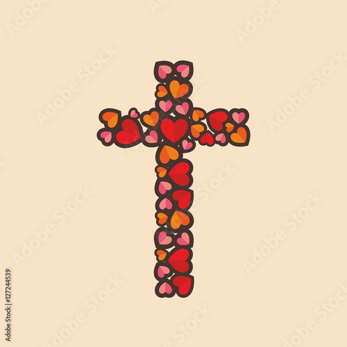 The cross of Jesus Christ, is laid decorative hearts.